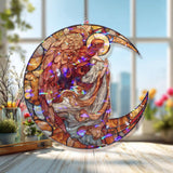 Moon Angel Acrylic Suncatcher, Stained Glass Style Angel with Red Wings and Crescent Moon, Spiritual Window Hanging Religious Home Decor