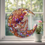 Moon Angel Acrylic Suncatcher, Stained Glass Style Angel with Red Wings and Crescent Moon, Spiritual Window Hanging Religious Home Decor