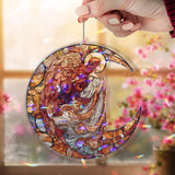 Moon Angel Acrylic Suncatcher, Stained Glass Style Angel with Red Wings and Crescent Moon, Spiritual Window Hanging Religious Home Decor
