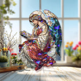 Angel Reading Book Acrylic Suncatcher, Stained Glass Style Guardian with Halo and Wings, Spiritual Window Hanging Religious Home Decor Gift