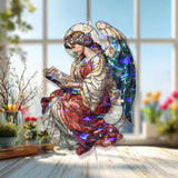 Angel Reading Book Acrylic Suncatcher, Stained Glass Style Guardian with Halo and Wings, Spiritual Window Hanging Religious Home Decor Gift
