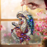 Angel Reading Book Acrylic Suncatcher, Stained Glass Style Guardian with Halo and Wings, Spiritual Window Hanging Religious Home Decor Gift