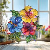 Hibiscus Flower Acrylic Suncatcher, Stained Glass Style Tropical Window Hanging with Red Yellow Blue Blooms, Garden Nature Home Decor Gift
