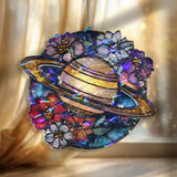 Saturn Planet Acrylic Suncatcher, Stained Glass Style Space Window Hanging with Colorful Flowers, Cosmic Galaxy Home Decor Gift