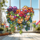 Hanging Flower Pots Acrylic Suncatcher, Stained Glass Style Colorful Blooms and Green Leaves Window Panel, Garden Nature Home Decor Gift