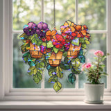 Hanging Flower Pots Acrylic Suncatcher, Stained Glass Style Colorful Blooms and Green Leaves Window Panel, Garden Nature Home Decor Gift
