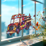Fire Truck Acrylic Suncatcher, Stained Glass Style Red Emergency Vehicle Window Hanging, Firefighter Home Decor Gift for Kids and Adults
