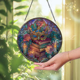 Masquerade Stained Glass Suncatcher, Round Books Roses Candles Window Panel, Gothic Fantasy Glass Art Reading Lover Home Decor Gift