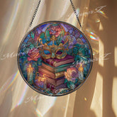 Masquerade Stained Glass Suncatcher, Round Books Roses Candles Window Panel, Gothic Fantasy Glass Art Reading Lover Home Decor Gift