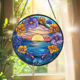 Sunset Ocean Stained Glass Suncatcher, Round Floral Window Panel with Waves and Flowers, Coastal Beach Glass Art Home Decor Gift