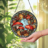 Mushroom Stained Glass Suncatcher, Round Autumn Wreath Window Panel with Pinecones and Lantern, Woodland Nature Glass Art Home Decor Gift