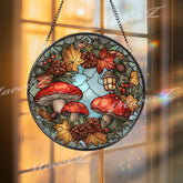 Mushroom Stained Glass Suncatcher, Round Autumn Wreath Window Panel with Pinecones and Lantern, Woodland Nature Glass Art Home Decor Gift
