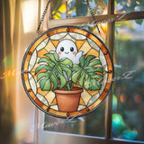 Ghost Monstera Stained Glass Suncatcher, Round Cute Plant Window Panel with Terracotta Pot, Whimsical Halloween Glass Art Home Decor Gift
