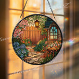 Garden Path Stained Glass Suncatcher, Round Cottage Flower Window Panel with Lantern and Gate, Cozy Home Decor Glass Art Gift