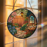 Garden Path Stained Glass Suncatcher, Round Cottage Flower Window Panel with Lantern and Gate, Cozy Home Decor Glass Art Gift