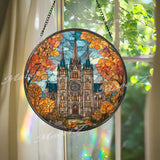 Cathedral Stained Glass Suncatcher, Round Gothic Church Window Panel with Autumn Trees, Architecture Landmark Glass Art Home Decor Gift