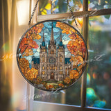 Cathedral Stained Glass Suncatcher, Round Gothic Church Window Panel with Autumn Trees, Architecture Landmark Glass Art Home Decor Gift