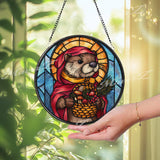 Otter Stained Glass Suncatcher, Round Woodland Animal with Red Cloak and Basket Window Panel, Cute Forest Glass Art Home Decor Gift