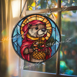 Otter Stained Glass Suncatcher, Round Woodland Animal with Red Cloak and Basket Window Panel, Cute Forest Glass Art Home Decor Gift