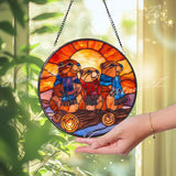 Groundhog Stained Glass Suncatcher, Round Three Marmots with Scarves Window Panel, Cute Animal Glass Art Woodland Nature Home Decor Gift