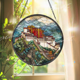 Potala Palace Stained Glass Suncatcher, Round Tibetan Landmark Mountain Window Panel, Travel Architecture Glass Art Home Decor Gift
