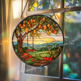 Fruit Tree Stained Glass Suncatcher, Round Orchard Swing Sunset Window Panel, Rustic Farmhouse Nature Glass Art Country Home Decor Gift