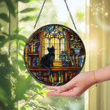 Black Cat Stained Glass Suncatcher, Round Window Bookshelf Library Panel, Cozy Reading Room Cat Lover Glass Art Home Decor Gift