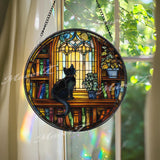 Black Cat Stained Glass Suncatcher, Round Window Bookshelf Library Panel, Cozy Reading Room Cat Lover Glass Art Home Decor Gift