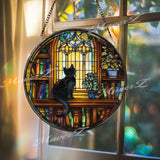 Black Cat Stained Glass Suncatcher, Round Window Bookshelf Library Panel, Cozy Reading Room Cat Lover Glass Art Home Decor Gift