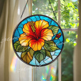 Hibiscus Flower Stained Glass Suncatcher, Round Tropical Floral Window Panel, Bright Red Yellow Bloom Glass Art Garden Home Decor Gift