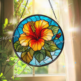 Hibiscus Flower Stained Glass Suncatcher, Round Tropical Floral Window Panel, Bright Red Yellow Bloom Glass Art Garden Home Decor Gift