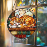Cat Stained Glass Suncatcher, Oval Cozy Sleeping Tabby with Books Window Panel, Feline Lover Glass Art Library Reading Home Decor Gift