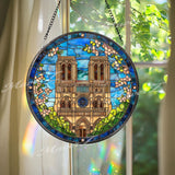 Notre Dame Cathedral Stained Glass Suncatcher, Round Paris Landmark Window Panel, Gothic Architecture Travel Cityscape Glass Art Home Decor