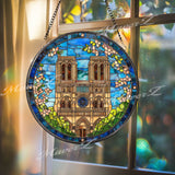 Notre Dame Cathedral Stained Glass Suncatcher, Round Paris Landmark Window Panel, Gothic Architecture Travel Cityscape Glass Art Home Decor