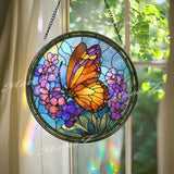 Monarch Butterfly Stained Glass Suncatcher, Round Floral Window Panel with Purple Flowers, Nature Garden Glass Art Spring Home Decor Gift