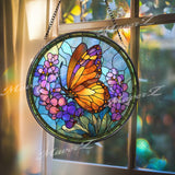 Monarch Butterfly Stained Glass Suncatcher, Round Floral Window Panel with Purple Flowers, Nature Garden Glass Art Spring Home Decor Gift