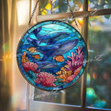 Whale Family Stained Glass Suncatcher, Round Ocean Coral Reef Window Panel, Nautical Sea Life Glass Art Coastal Marine Home Decor Gift