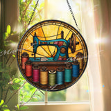 Vintage Sewing Machine Stained Glass Suncatcher, Round Colorful Thread Spools Window Panel, Quilting Seamstress Craft Room Glass Art Gift