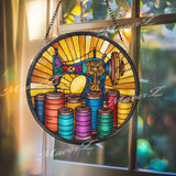 Sewing Machine Stained Glass Suncatcher, Round Colorful Thread Spools Window Panel, Quilter Seamstress Craft Room Glass Art Decor Gift