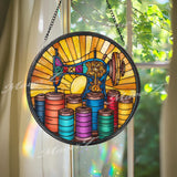 Sewing Machine Stained Glass Suncatcher, Round Colorful Thread Spools Window Panel, Quilter Seamstress Craft Room Glass Art Decor Gift