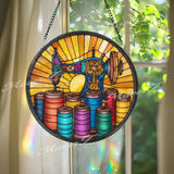 Sewing Machine Stained Glass Suncatcher, Round Colorful Thread Spools Window Panel, Quilter Seamstress Craft Room Glass Art Decor Gift