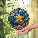 Starfish Stained Glass Suncatcher, Round Ocean Seashell Window Panel, Coastal Nautical Marine Sea Life Glass Art Beach Home Decor