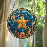 Starfish Stained Glass Suncatcher, Round Ocean Seashell Window Panel, Coastal Nautical Marine Sea Life Glass Art Beach Home Decor