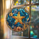 Starfish Stained Glass Suncatcher, Round Ocean Seashell Window Panel, Coastal Nautical Marine Sea Life Glass Art Beach Home Decor