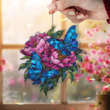 Blue Butterfly Acrylic Suncatcher, Stained Glass Style Pink Peony Flower Window Hanging, Colorful Garden Decor Gift for Nature Lovers