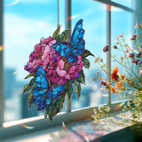 Blue Butterfly Acrylic Suncatcher, Stained Glass Style Pink Peony Flower Window Hanging, Colorful Garden Decor Gift for Nature Lovers