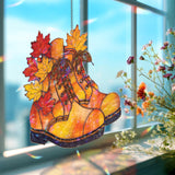 Autumn Boots Acrylic Suncatcher, Stained Glass Style Fall Leaves Window Hanging, Rustic Seasonal Home Decor Gift for Autumn Lovers