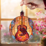 Guitar Acrylic Suncatcher, Round Stained Glass Style Music Window Hanging, Colorful Acoustic Instrument Home Decor Gift for Musicians
