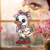 Cute Duck Acrylic Suncatcher, Stained Glass Style Duckling with Pink Bow and Strawberry Shoes, Adorable Animal Window Decor Gift