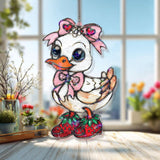 Cute Duck Acrylic Suncatcher, Stained Glass Style Duckling with Pink Bow and Strawberry Shoes, Adorable Animal Window Decor Gift